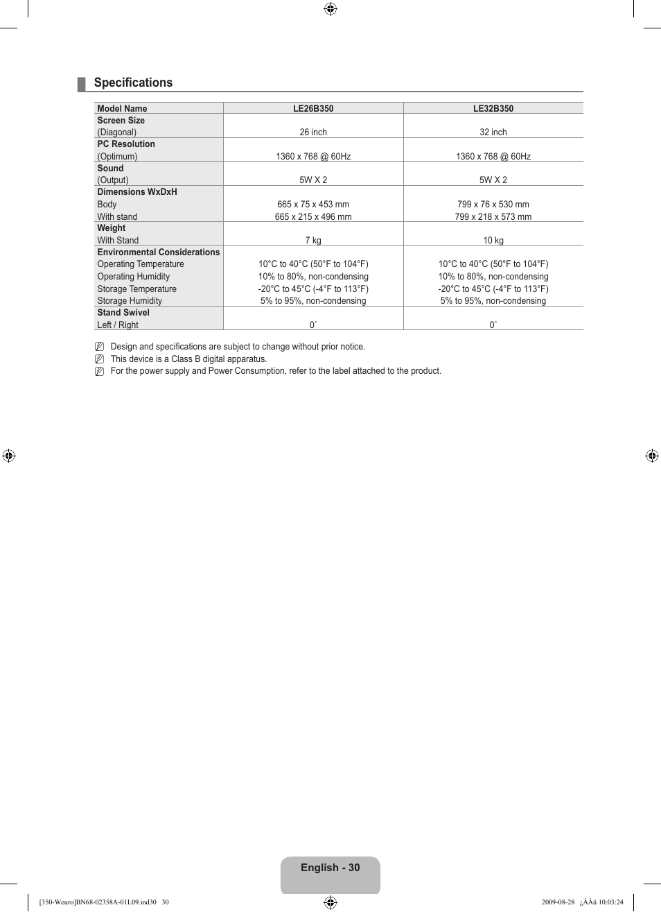 Specifications | Samsung LE26B350F1W User Manual | Page 32 / 296