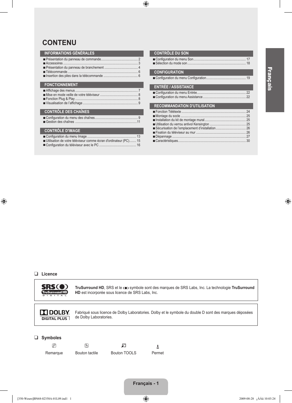Contenu, Fr ançais | Samsung LE26B350F1W User Manual | Page 35 / 296