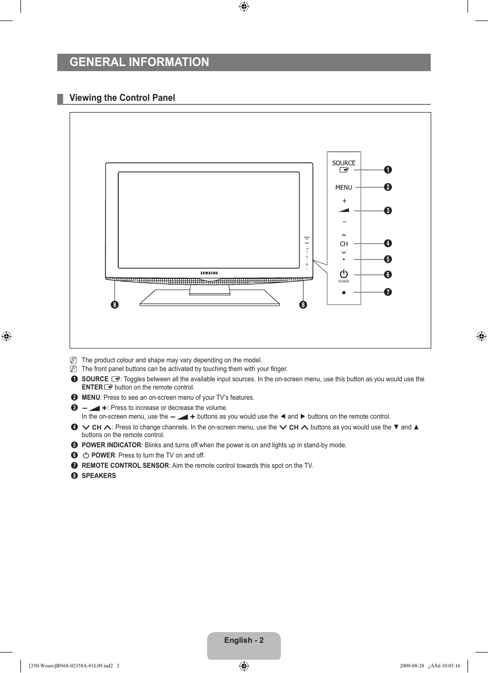 General information, Viewing the control panel | Samsung LE26B350F1W User Manual | Page 4 / 296