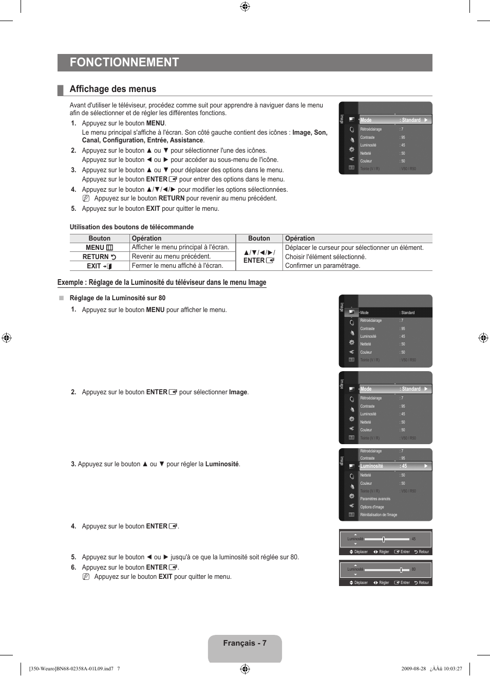 Fonctionnement, Affichage des menus, Français | Samsung LE26B350F1W User Manual | Page 41 / 296