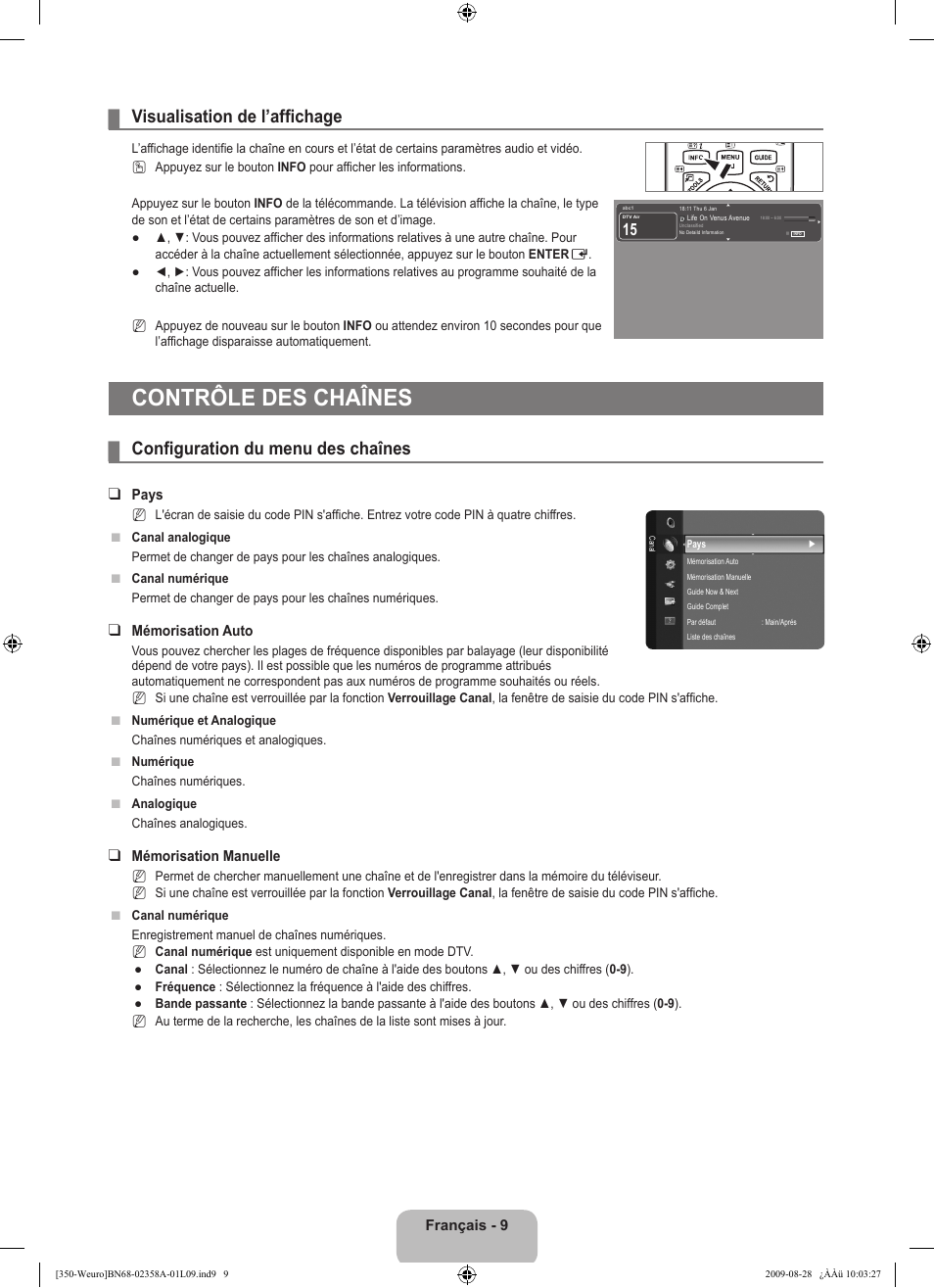 Contrôle des chaînes, Visualisation de l’affichage, Configuration du menu des chaînes | Samsung LE26B350F1W User Manual | Page 43 / 296