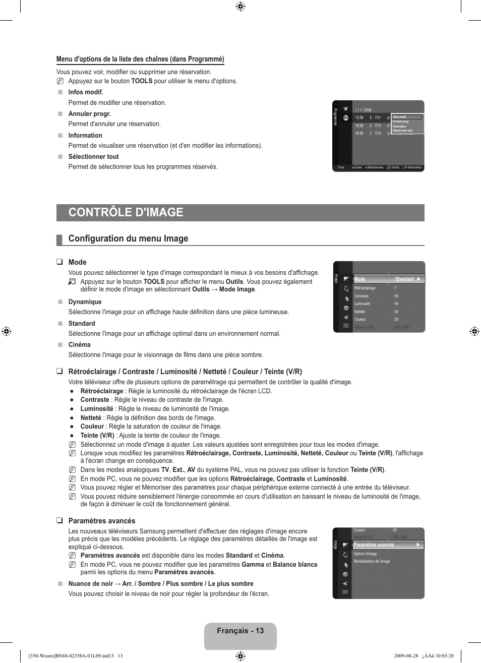Contrôle d'image, Configuration du menu image, Mode | Paramètres avancés | Samsung LE26B350F1W User Manual | Page 47 / 296