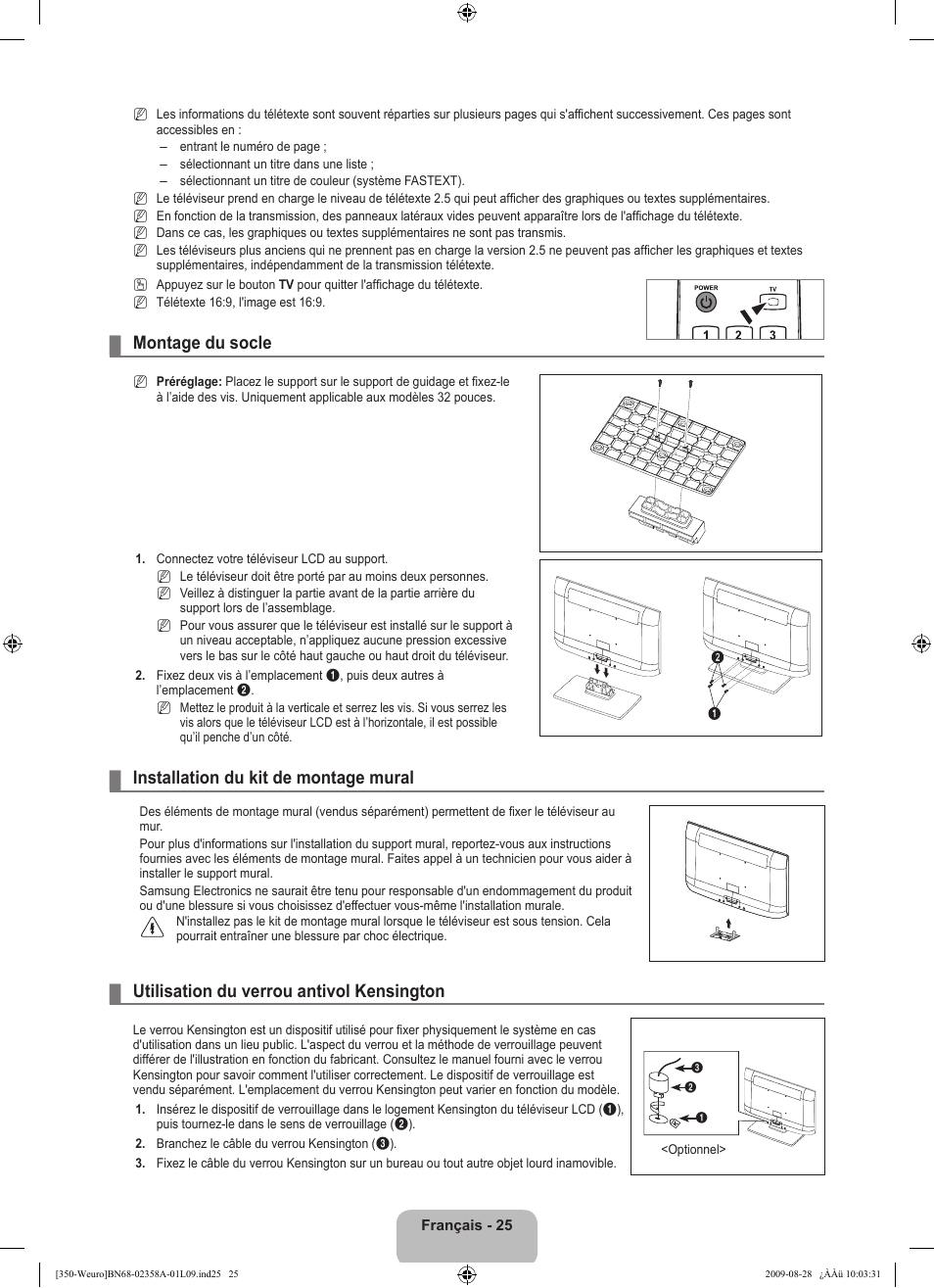 Montage du socle, Installation du kit de montage mural, Utilisation du verrou antivol kensington | Samsung LE26B350F1W User Manual | Page 59 / 296