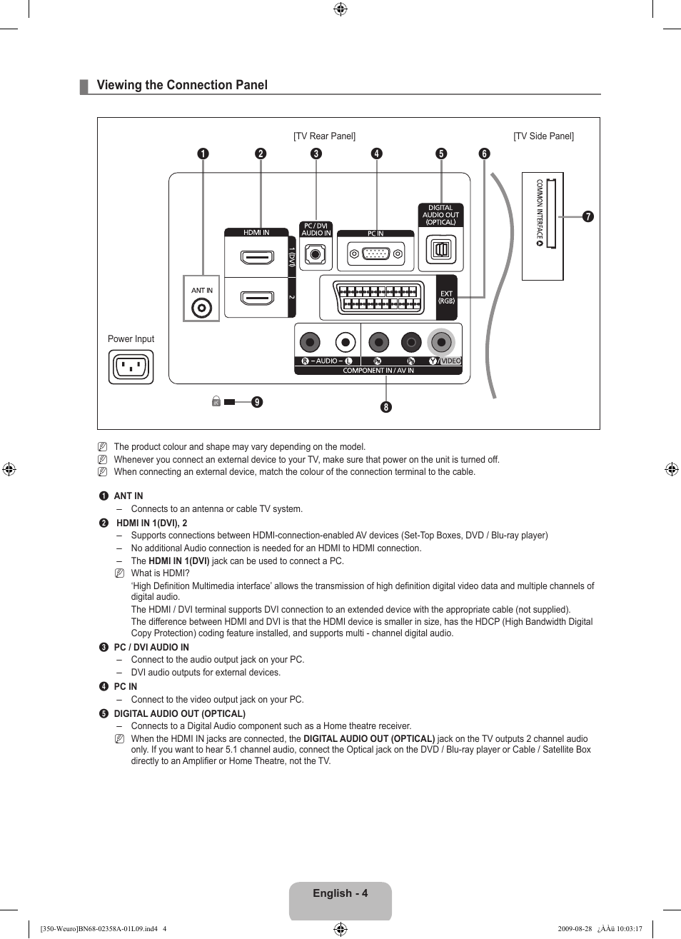 Viewing the connection panel | Samsung LE26B350F1W User Manual | Page 6 / 296