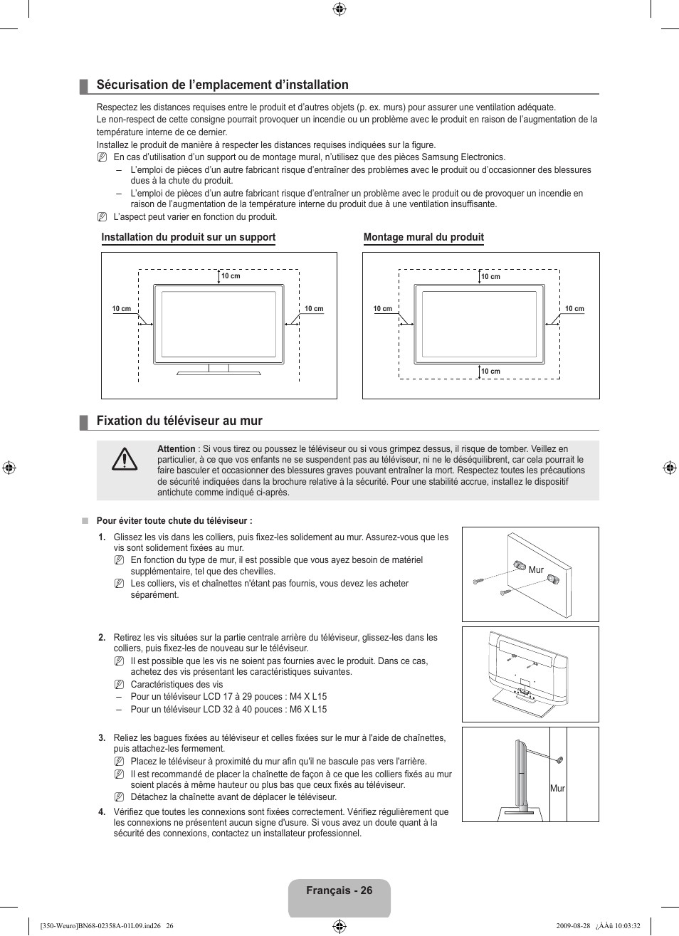 Sécurisation de l’emplacement d’installation, Fixation du téléviseur au mur | Samsung LE26B350F1W User Manual | Page 60 / 296