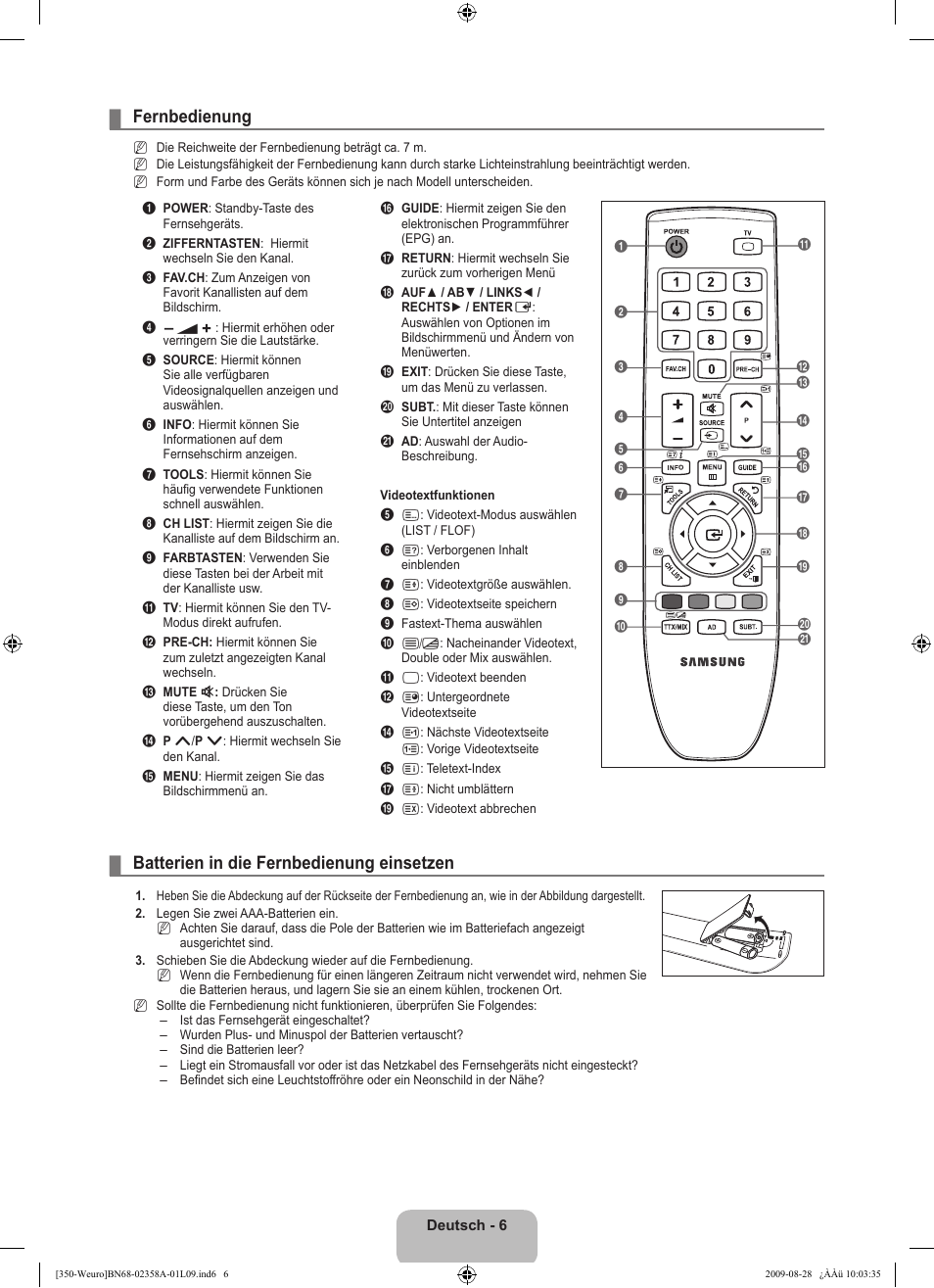 Fernbedienung, Batterien in die fernbedienung einsetzen | Samsung LE26B350F1W User Manual | Page 72 / 296