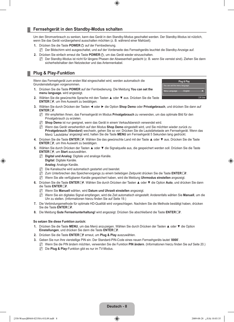 Fernsehgerät in den standby-modus schalten, Plug & play-funktion | Samsung LE26B350F1W User Manual | Page 74 / 296