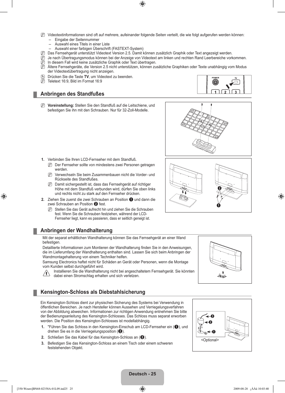 Anbringen des standfußes, Anbringen der wandhalterung, Kensington-schloss als diebstahlsicherung | Samsung LE26B350F1W User Manual | Page 91 / 296