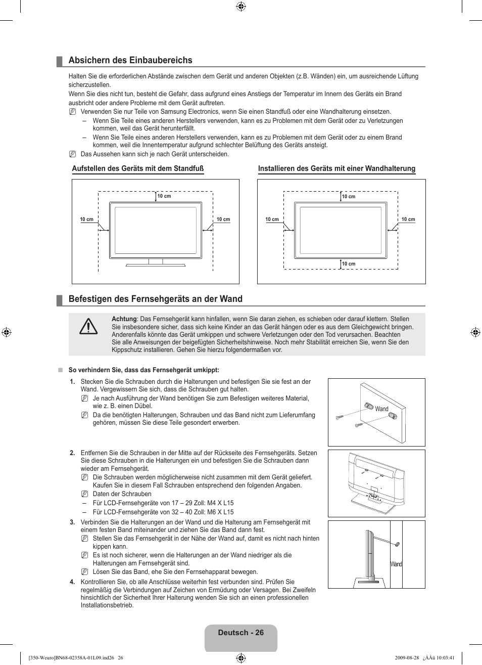 Absichern des einbaubereichs, Befestigen des fernsehgeräts an der wand | Samsung LE26B350F1W User Manual | Page 92 / 296