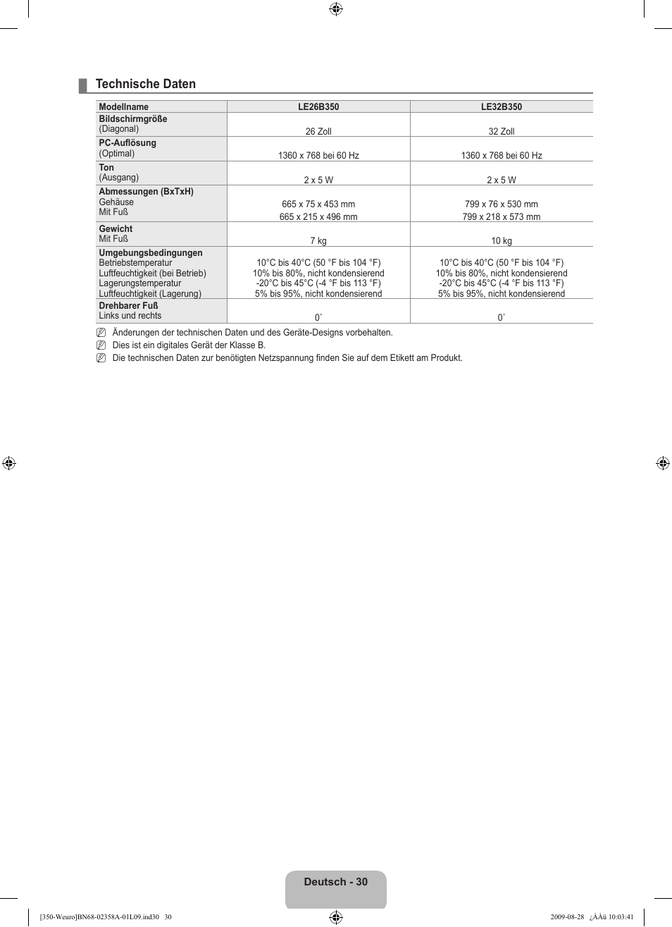Technische daten | Samsung LE26B350F1W User Manual | Page 96 / 296