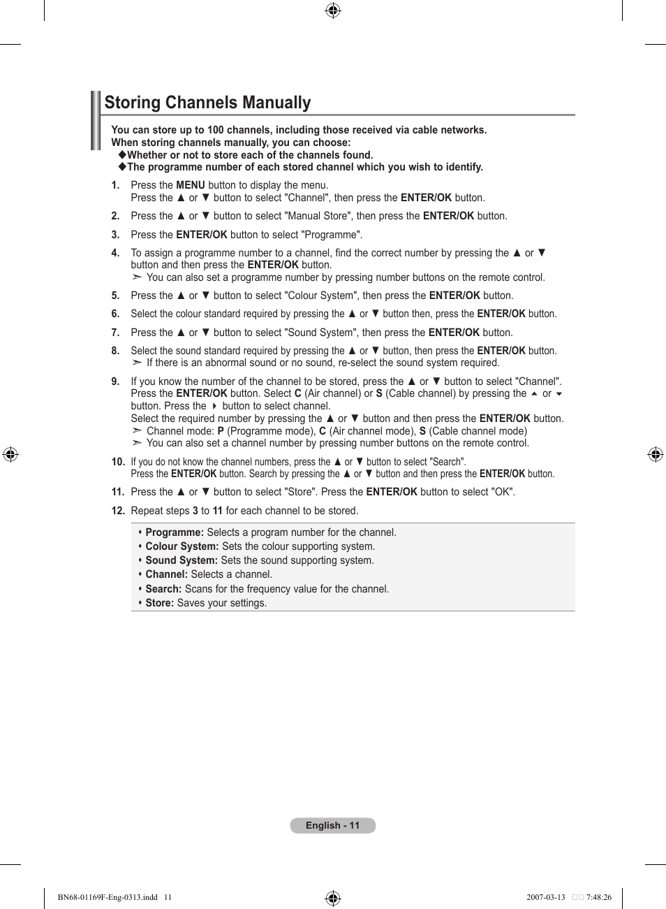 Storing channels manually | Samsung LE26R87BD User Manual | Page 13 / 451