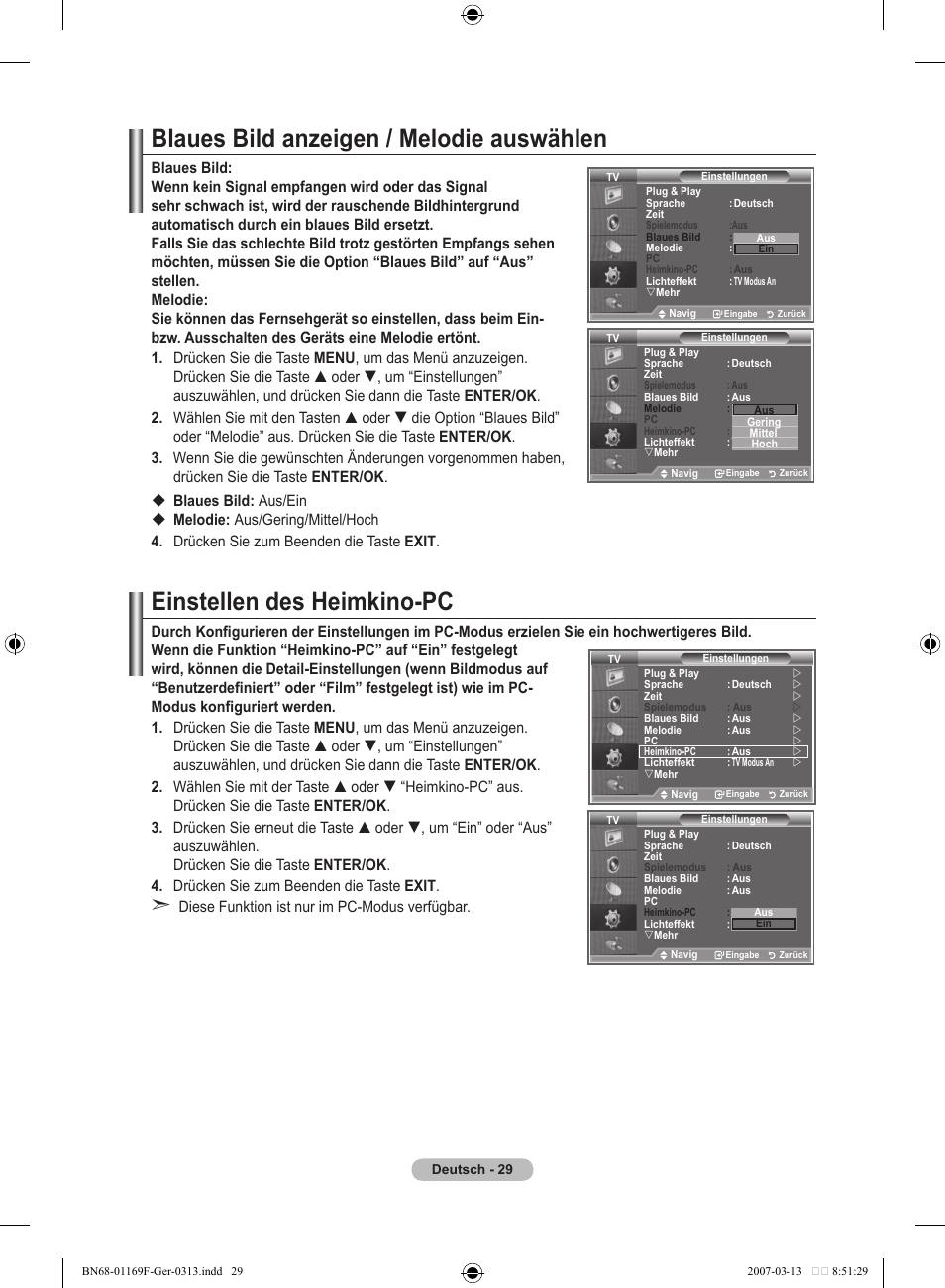 Blaues bild anzeigen / melodie auswählen, Einstellen des heimkino-pc | Samsung LE26R87BD User Manual | Page 143 / 451