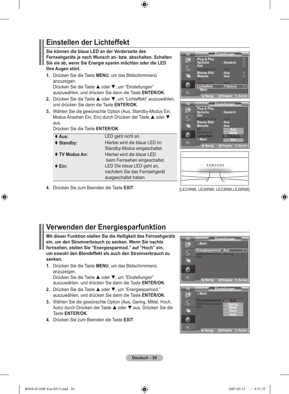 Einstellen der lichteffekt, Verwenden der energiesparfunktion | Samsung LE26R87BD User Manual | Page 144 / 451