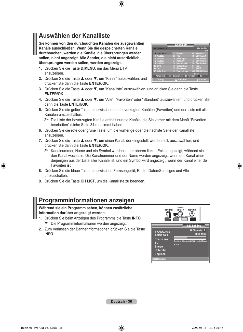 Auswählen der kanalliste, Programminformationen anzeigen | Samsung LE26R87BD User Manual | Page 150 / 451