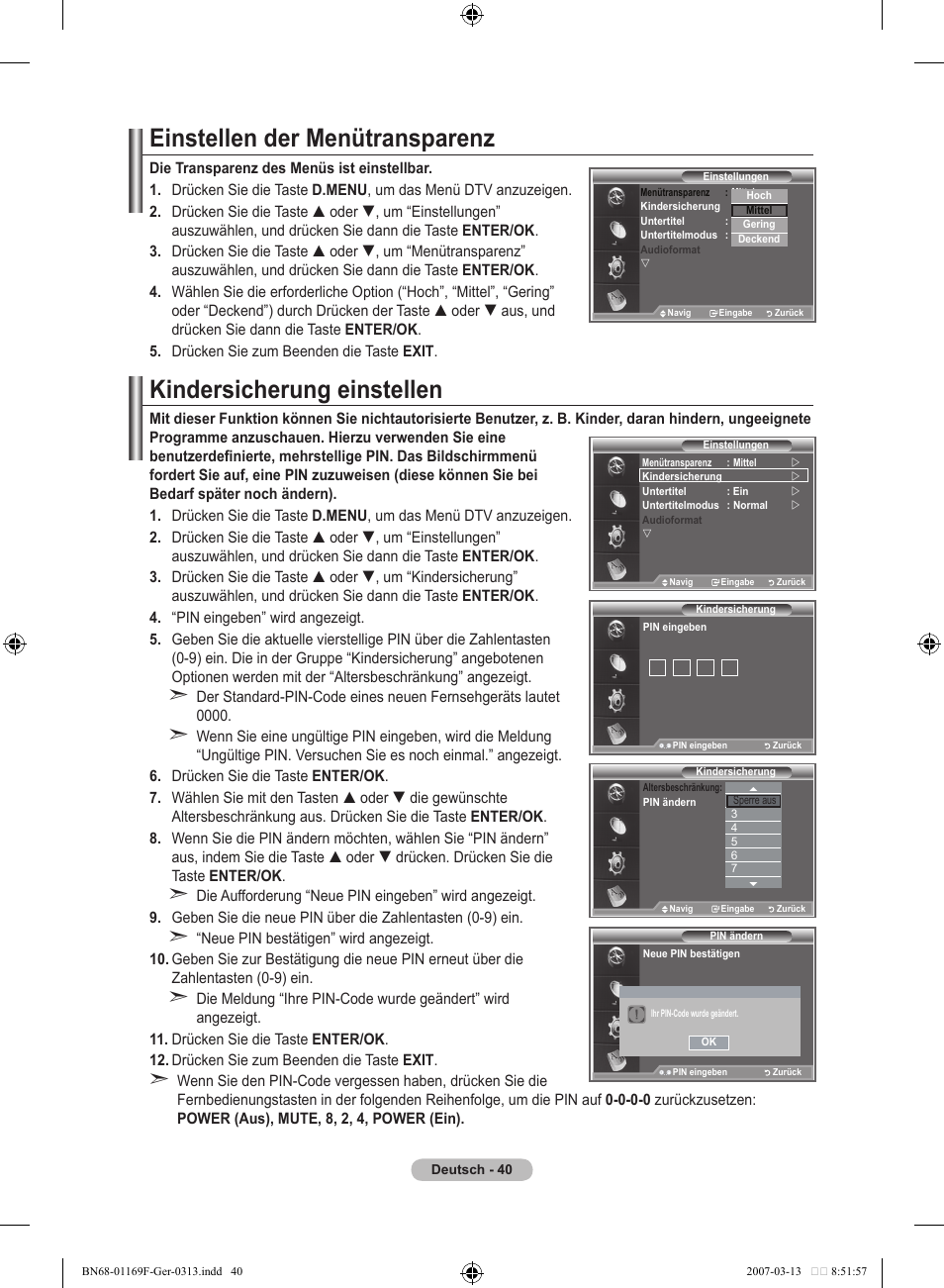 Einstellen der menütransparenz, Kindersicherung einstellen | Samsung LE26R87BD User Manual | Page 154 / 451