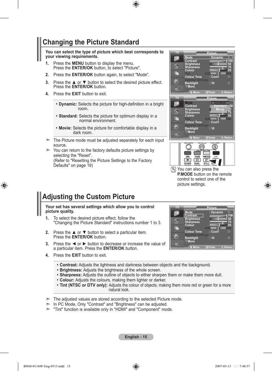 Setting the picture, Changing the picture standard, Adjusting the custom picture | Samsung LE26R87BD User Manual | Page 17 / 451