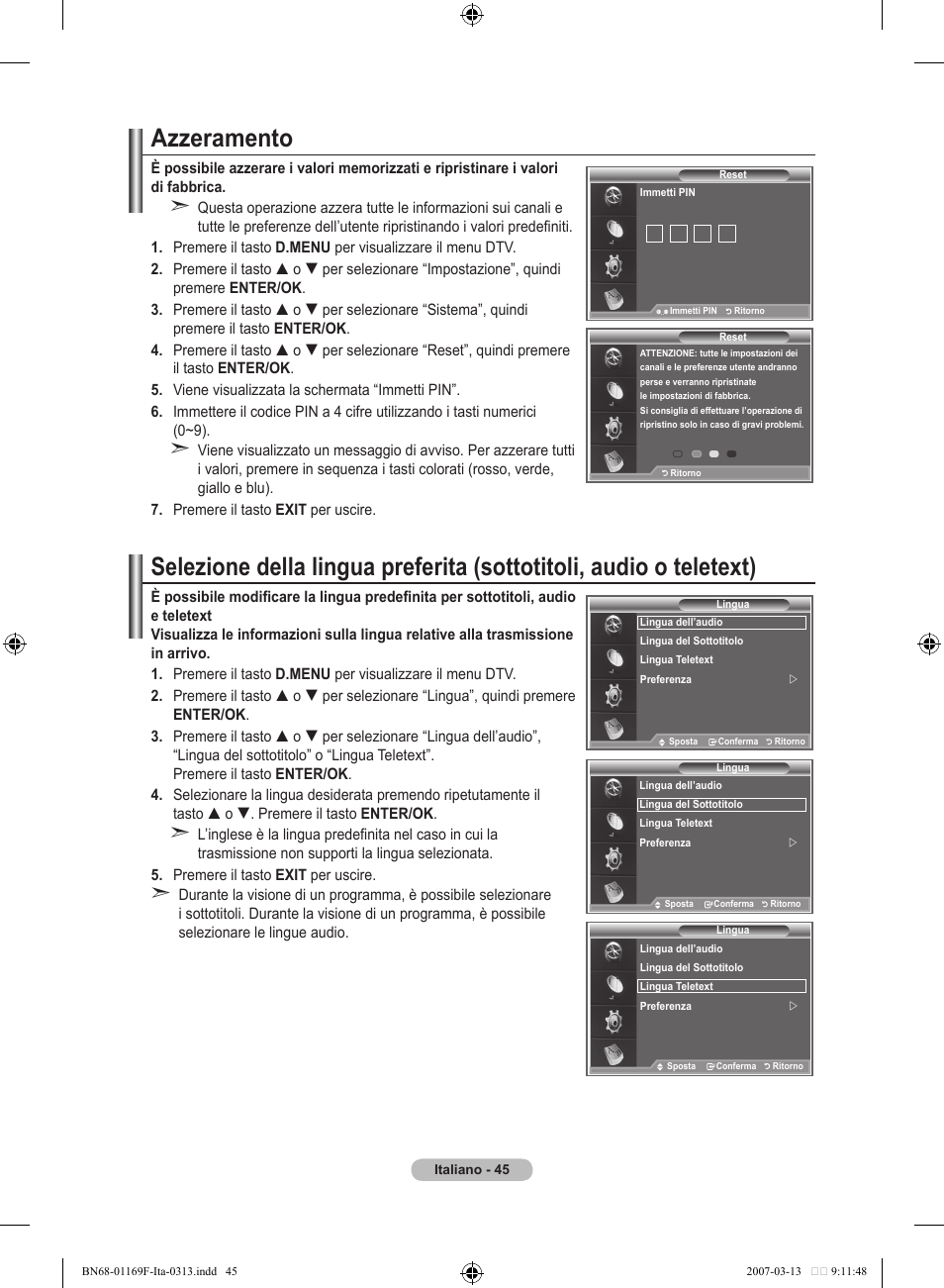 Azzeramento | Samsung LE26R87BD User Manual | Page 271 / 451
