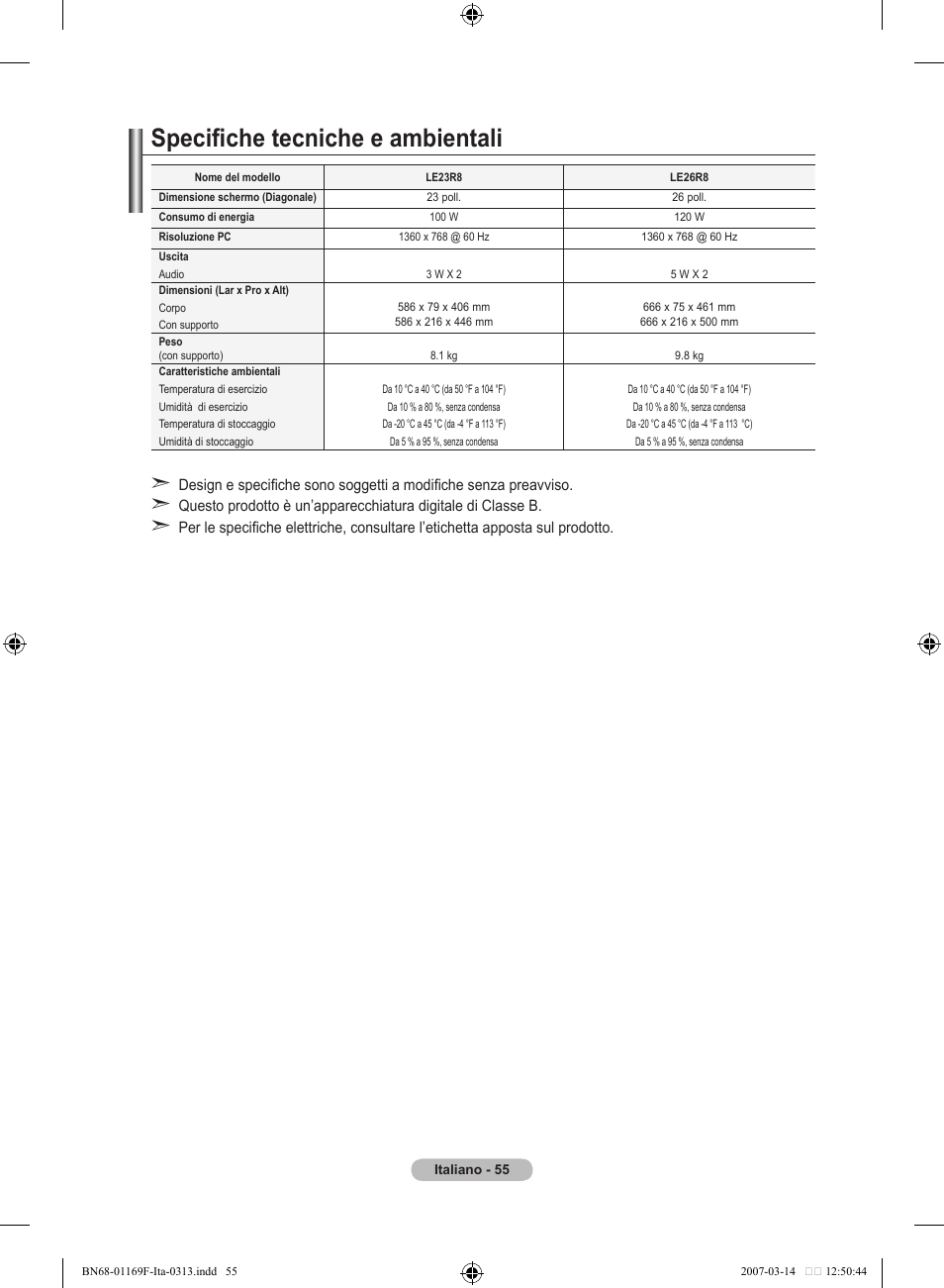Specifiche tecniche e ambientali | Samsung LE26R87BD User Manual | Page 281 / 451