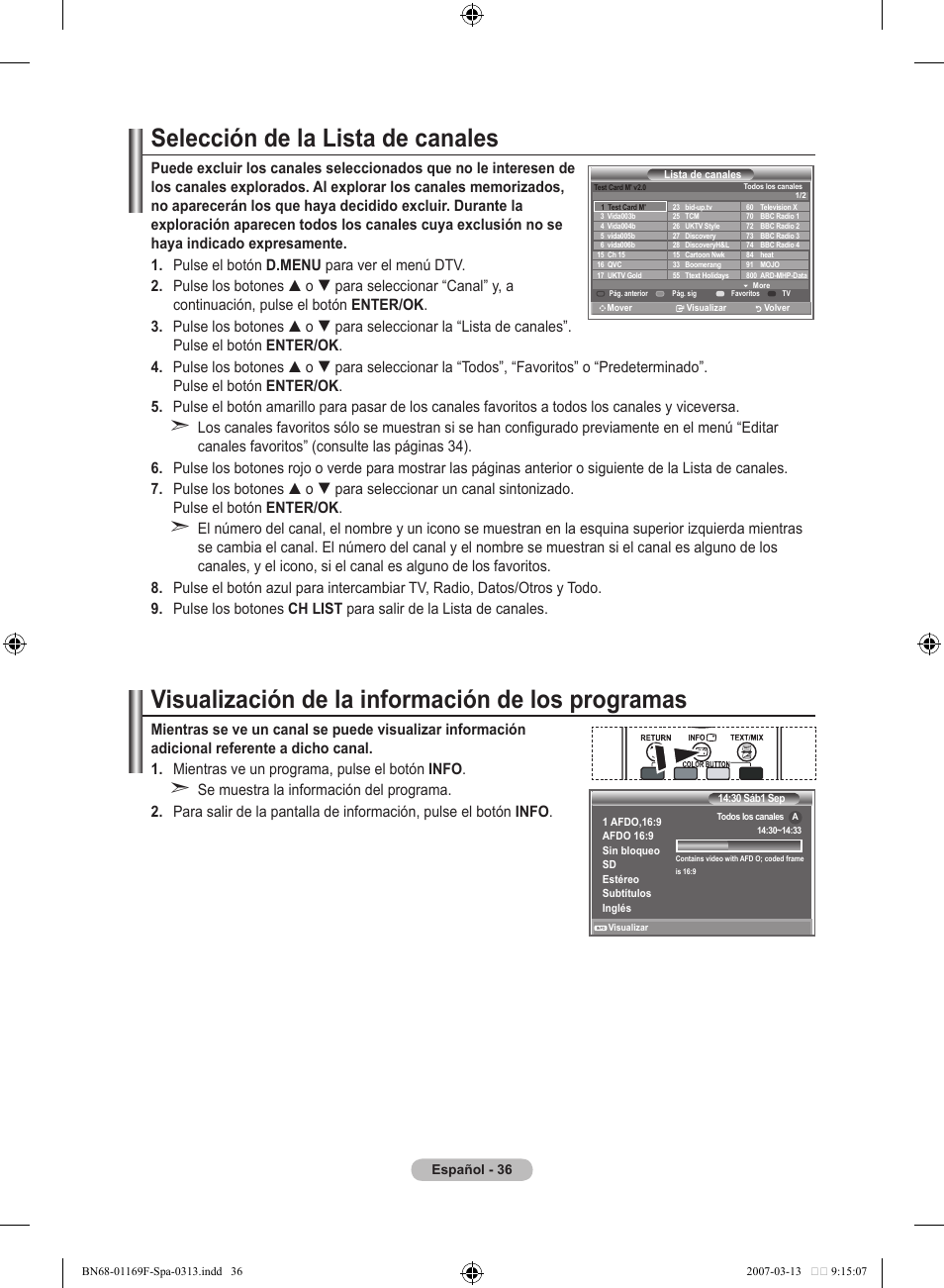 Selección de la lista de canales, Visualización de la información de los programas | Samsung LE26R87BD User Manual | Page 319 / 451