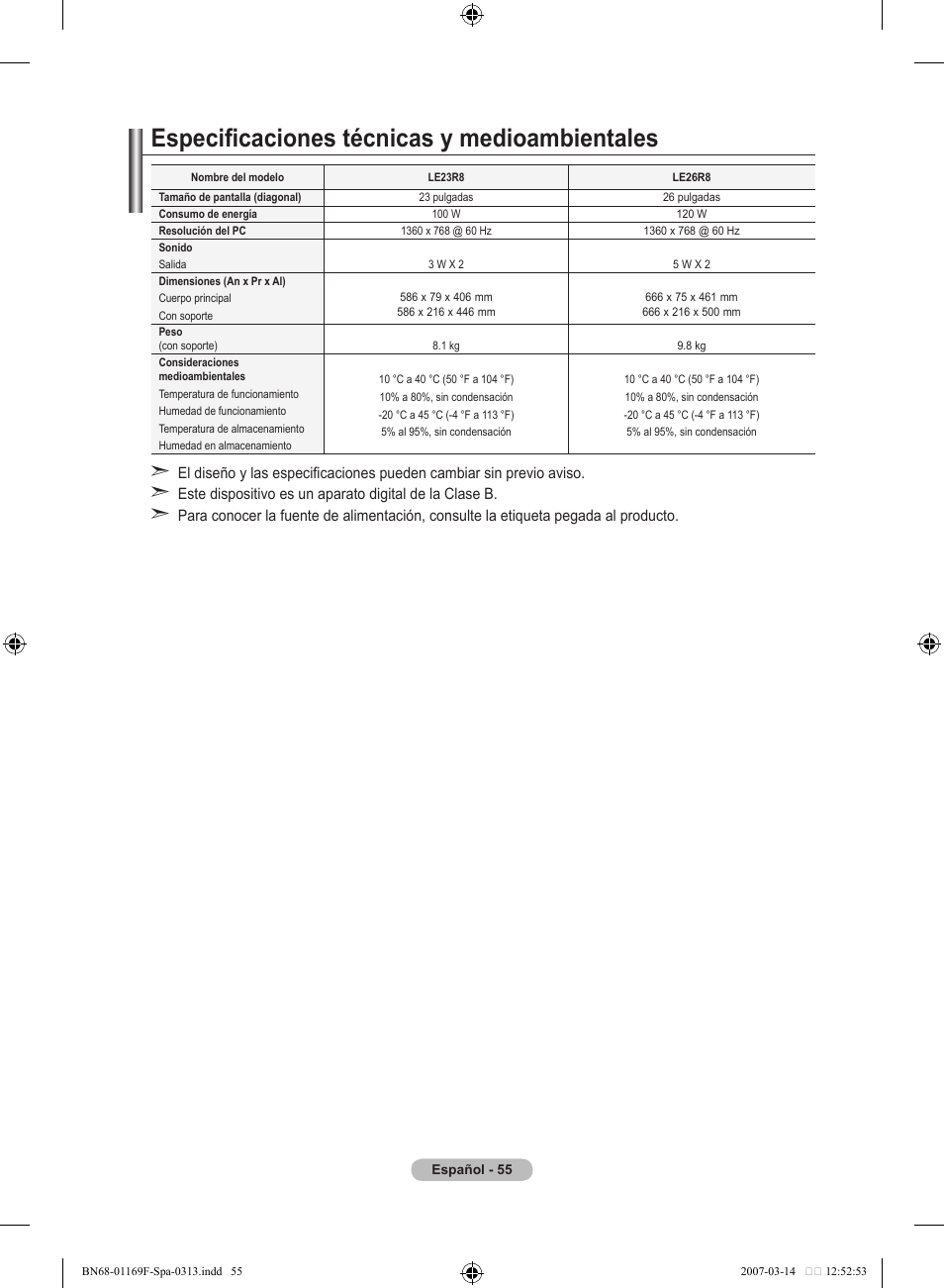 Especificaciones técnicas y medioambientales | Samsung LE26R87BD User Manual | Page 338 / 451