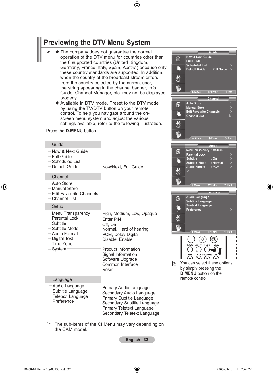 Using the dtv feature, Previewing the dtv menu system | Samsung LE26R87BD User Manual | Page 34 / 451