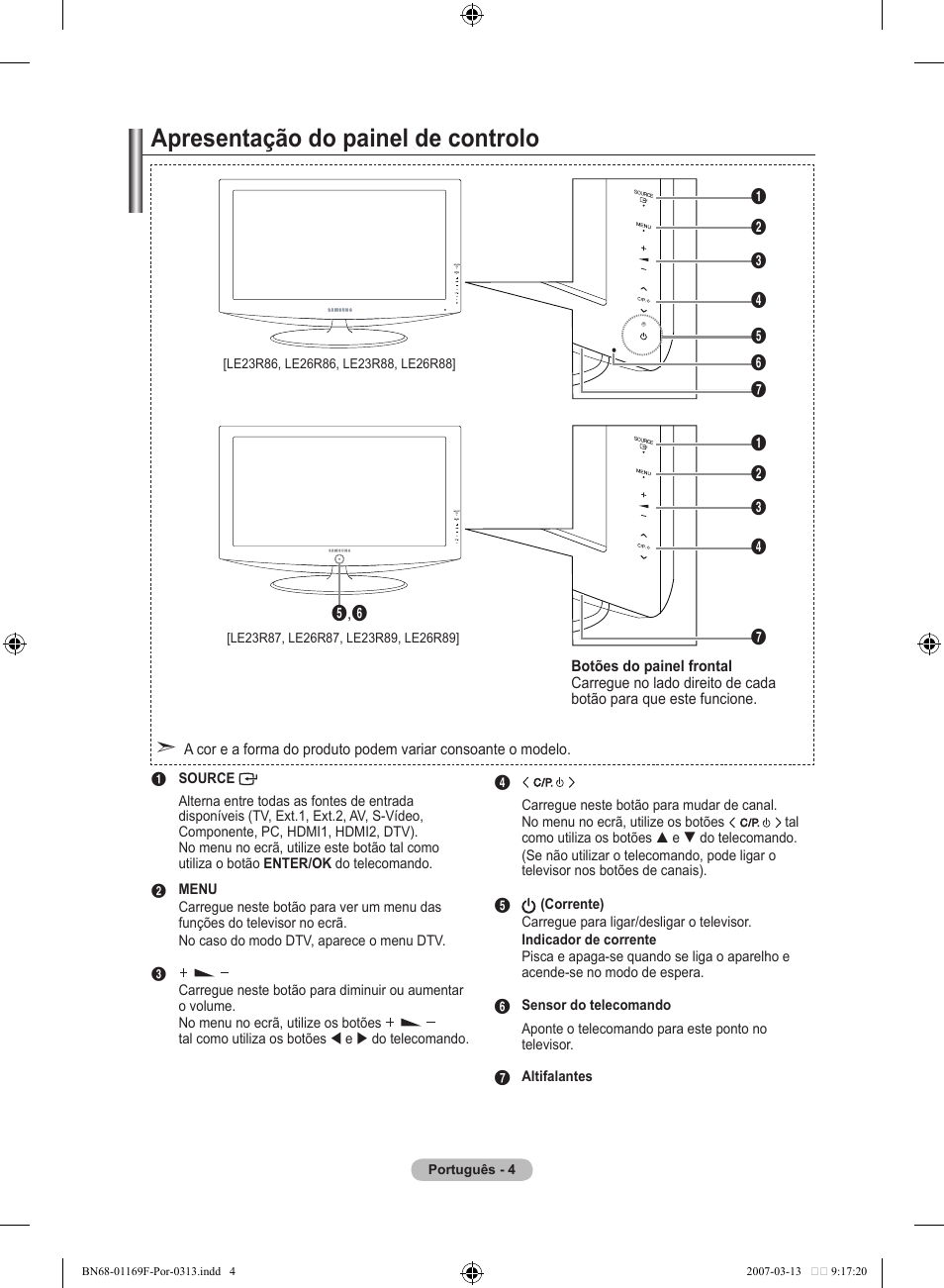 Apresentação do painel de controlo | Samsung LE26R87BD User Manual | Page 343 / 451