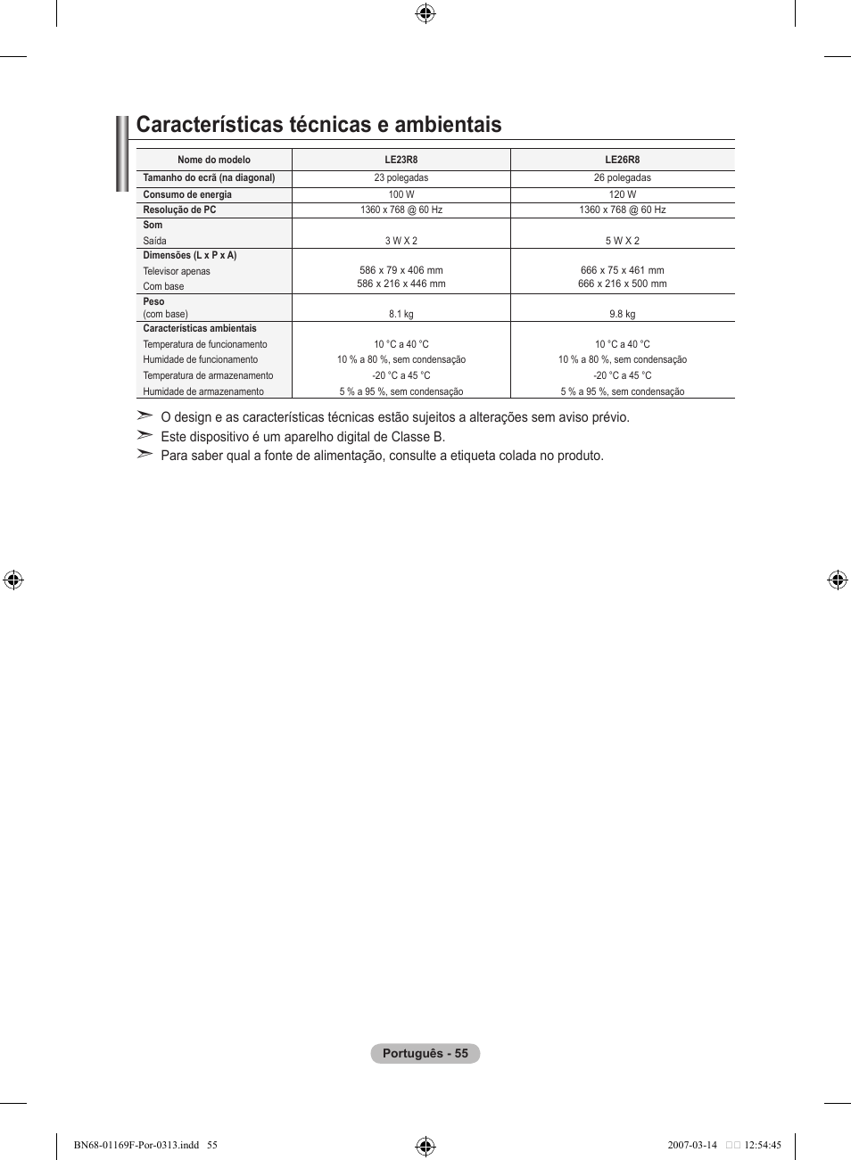 Características técnicas e ambientais | Samsung LE26R87BD User Manual | Page 394 / 451
