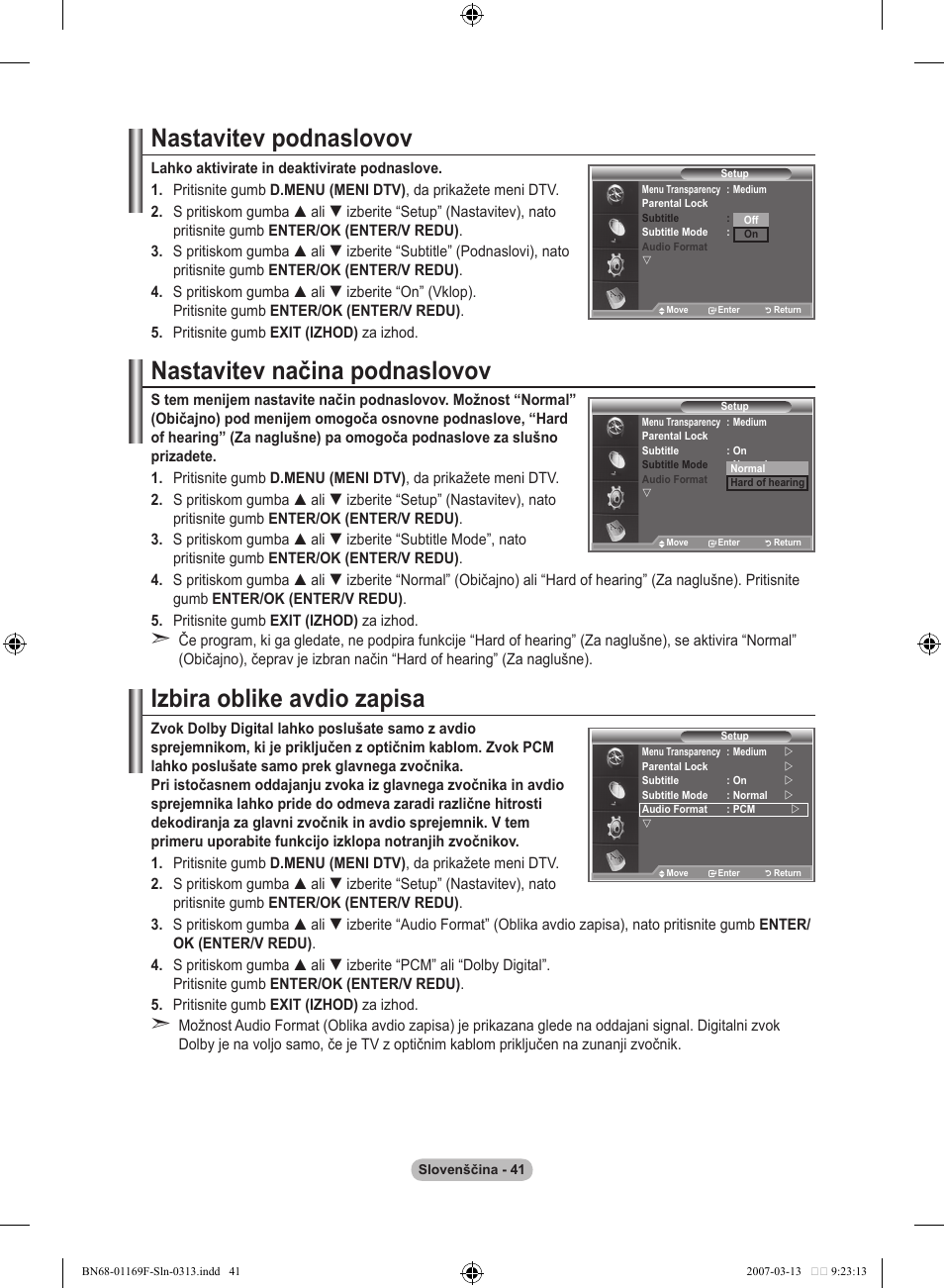 Nastavitev podnaslovov, Nastavitev načina podnaslovov, Izbira oblike avdio zapisa | Samsung LE26R87BD User Manual | Page 436 / 451