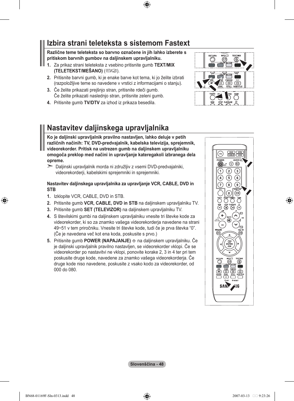 Izbira strani teleteksta s sistemom fastext, Nastavitev daljinskega upravljalnika | Samsung LE26R87BD User Manual | Page 443 / 451