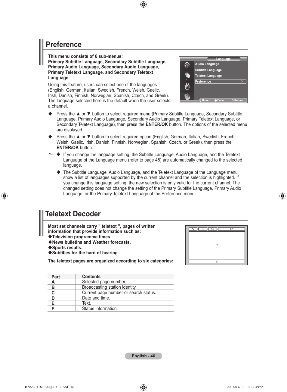 Preference, Using the teletext feature, Teletext decoder | Samsung LE26R87BD User Manual | Page 48 / 451