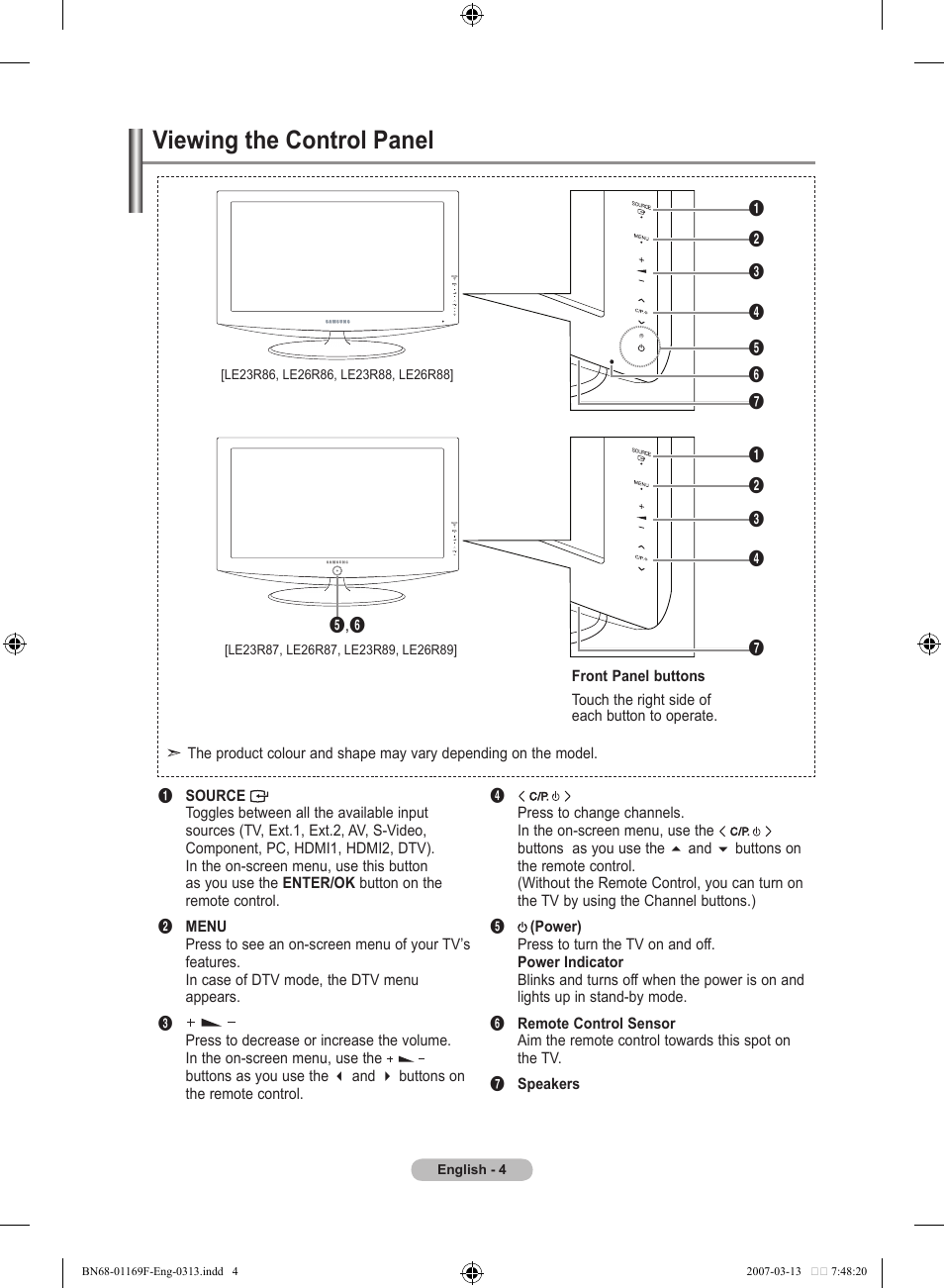 Viewing the control panel | Samsung LE26R87BD User Manual | Page 6 / 451