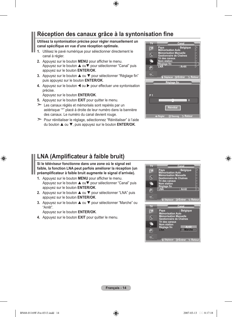 Réception des canaux grâce à la syntonisation fine, Lna (amplificateur à faible bruit) | Samsung LE26R87BD User Manual | Page 72 / 451