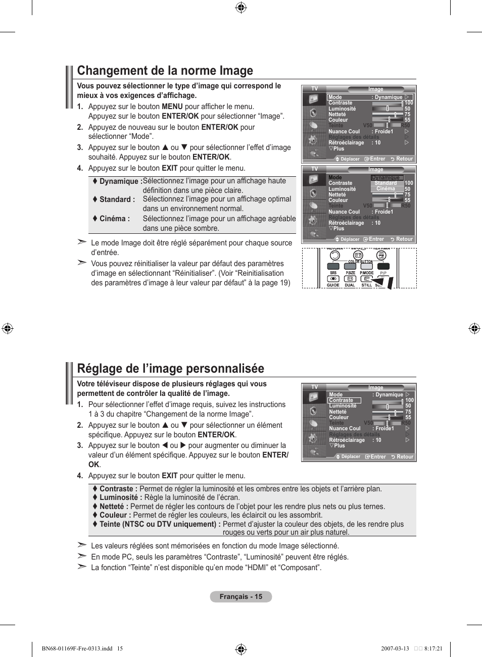 Changement de la norme image, Réglage de l’image personnalisée | Samsung LE26R87BD User Manual | Page 73 / 451