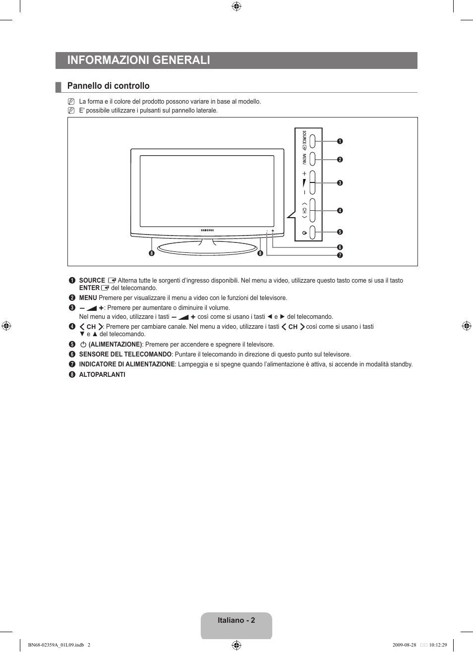 Informazioni generali, Pannello di controllo | Samsung LE19B541C4W User Manual | Page 140 / 318