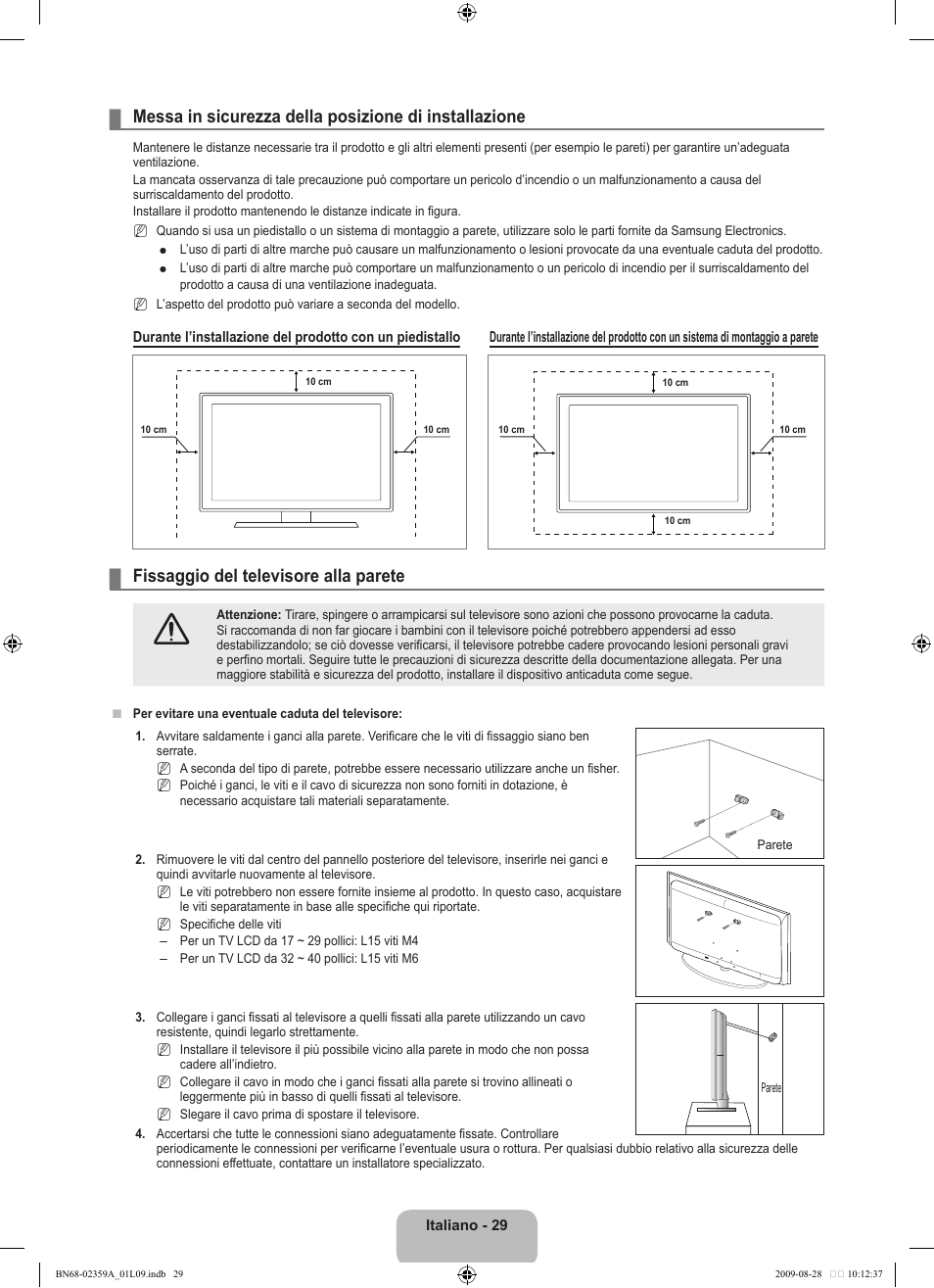 Fissaggio del televisore alla parete | Samsung LE19B541C4W User Manual | Page 167 / 318