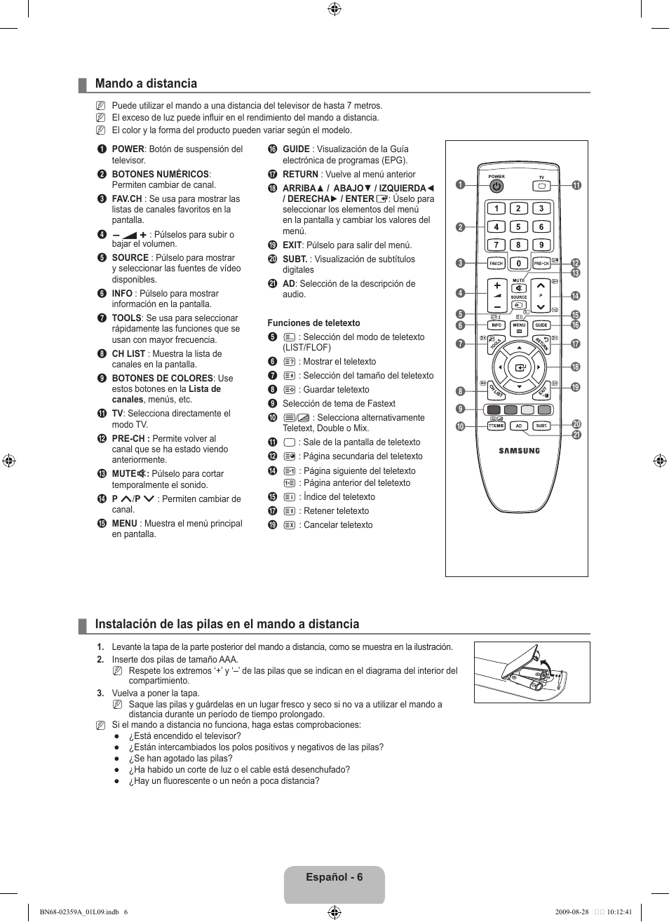 Mando a distancia, Instalación de las pilas en el mando a distancia | Samsung LE19B541C4W User Manual | Page 180 / 318