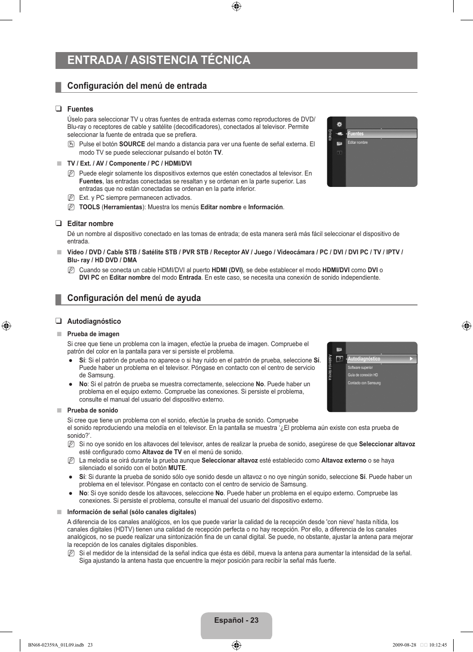 Entrada / asistencia técnica, Configuración del menú de entrada, Configuración del menú de ayuda | Samsung LE19B541C4W User Manual | Page 197 / 318