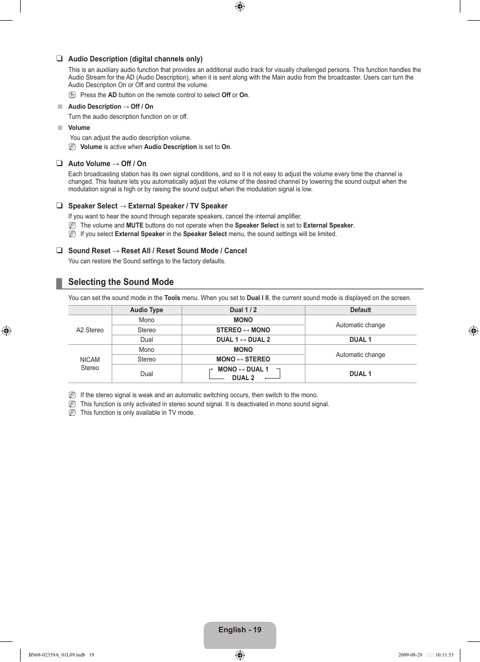 Selecting the sound mode | Samsung LE19B541C4W User Manual | Page 21 / 318