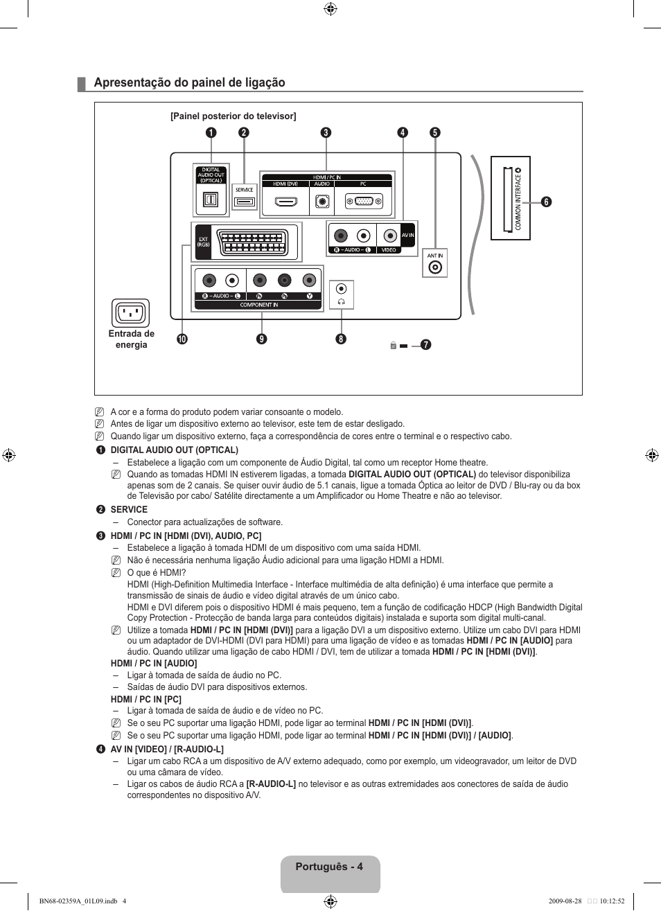 Apresentação do painel de ligação | Samsung LE19B541C4W User Manual | Page 212 / 318