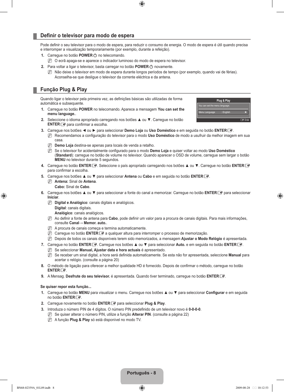 Definir o televisor para modo de espera, Função plug & play | Samsung LE19B541C4W User Manual | Page 216 / 318