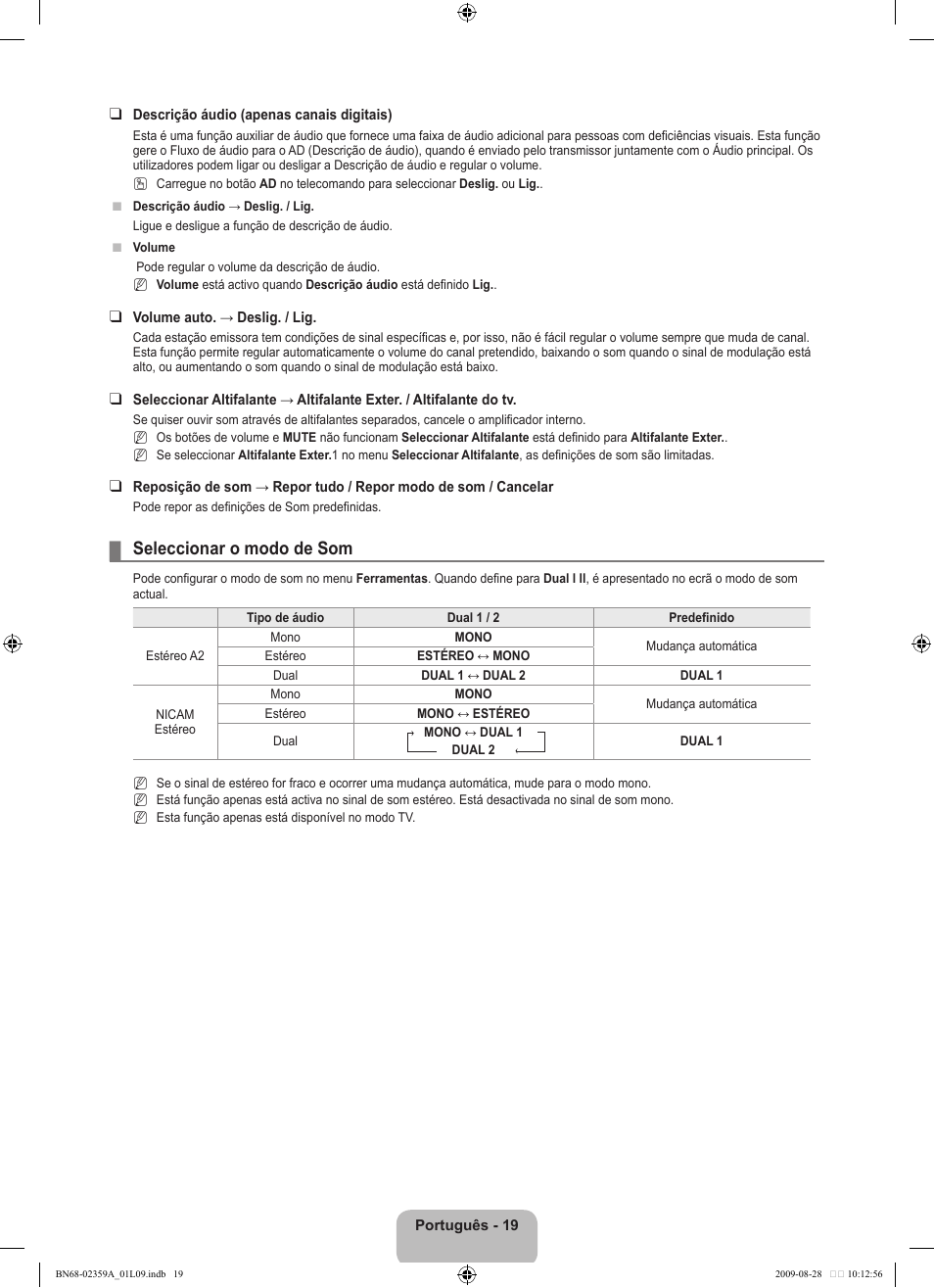 Seleccionar o modo de som | Samsung LE19B541C4W User Manual | Page 227 / 318