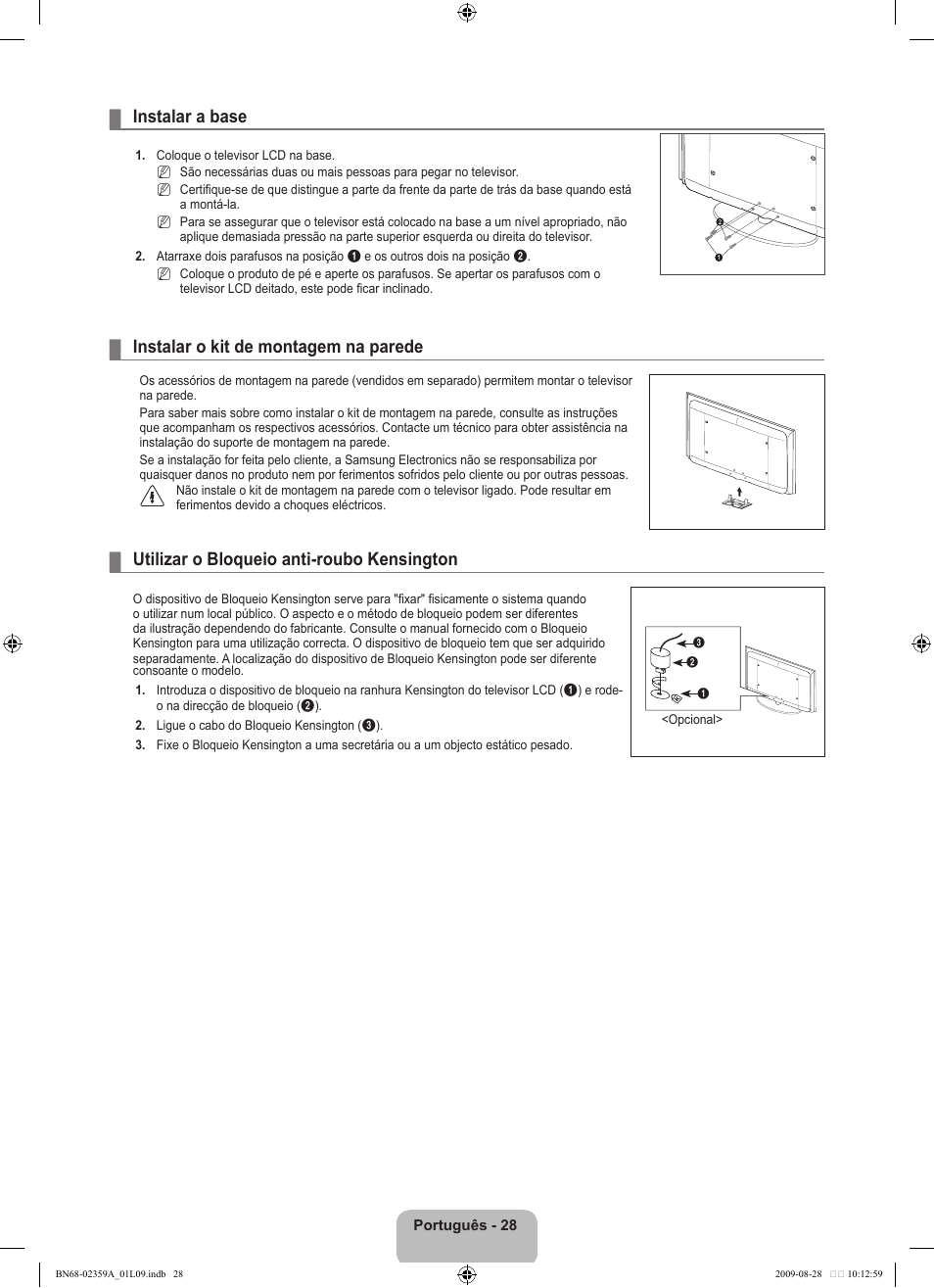 Instalar a base, Instalar o kit de montagem na parede, Utilizar o bloqueio anti-roubo kensington | Samsung LE19B541C4W User Manual | Page 236 / 318