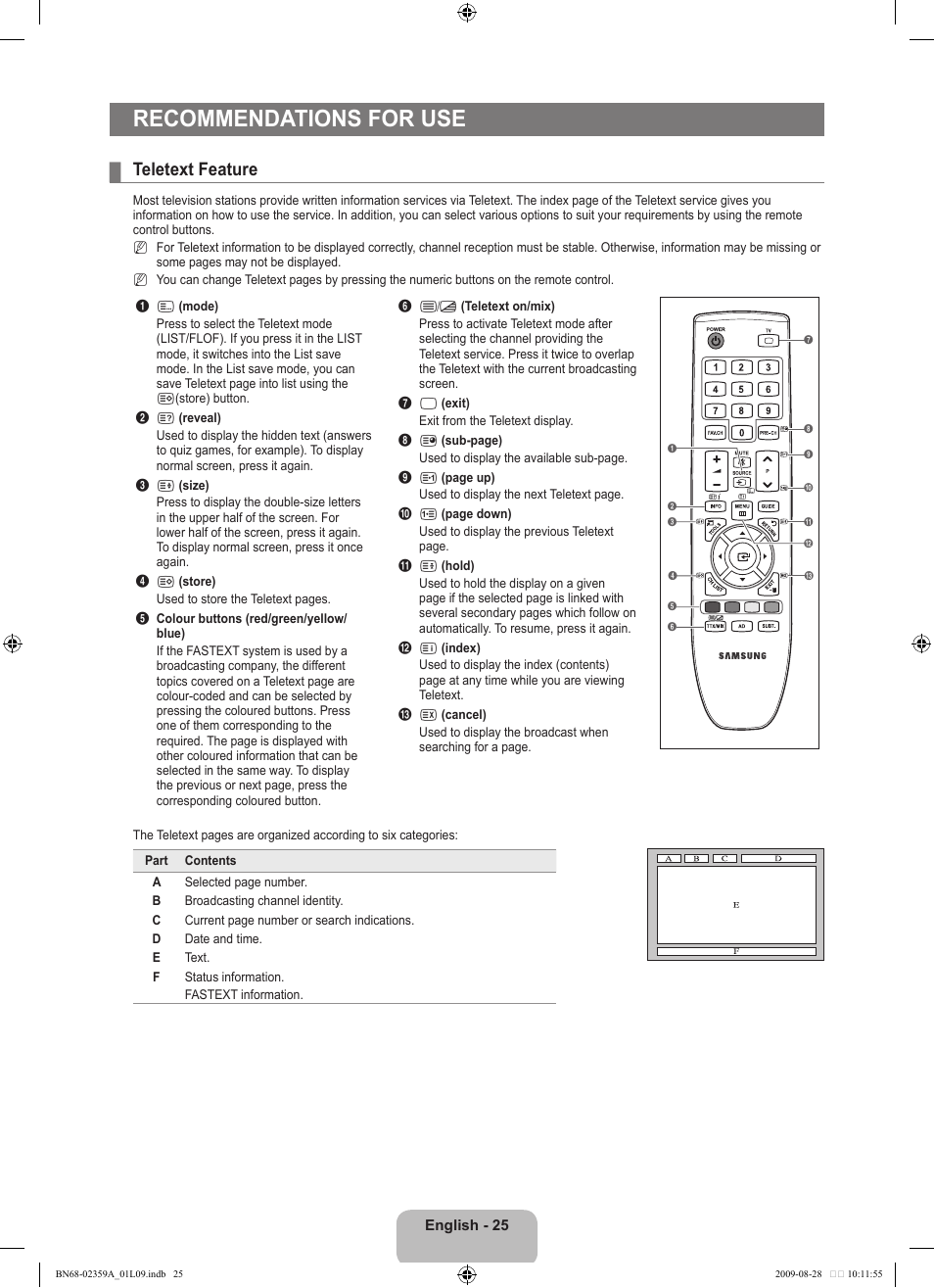 Recommendations for use, Teletext feature | Samsung LE19B541C4W User Manual | Page 27 / 318