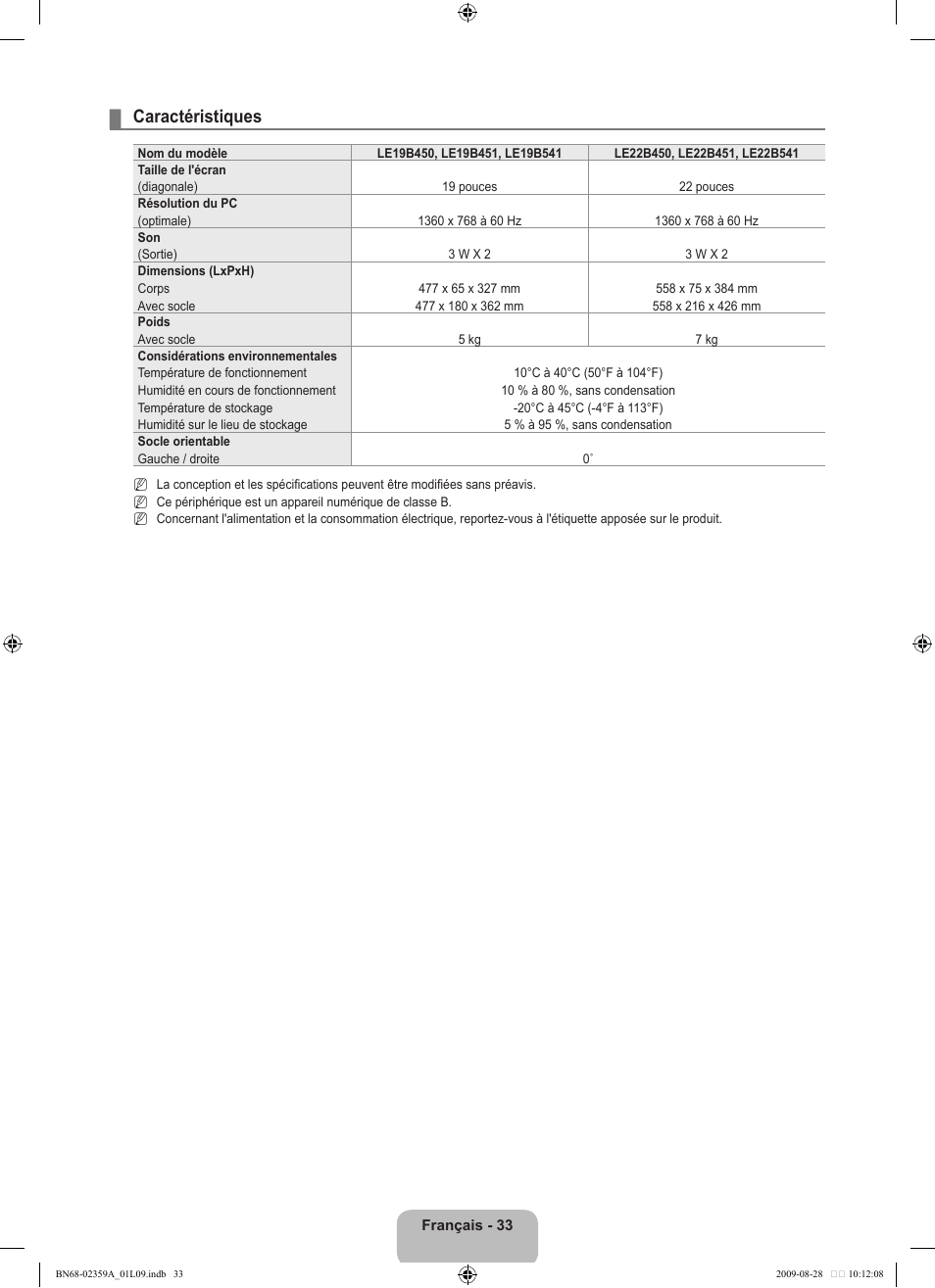 Caractéristiques | Samsung LE19B541C4W User Manual | Page 69 / 318