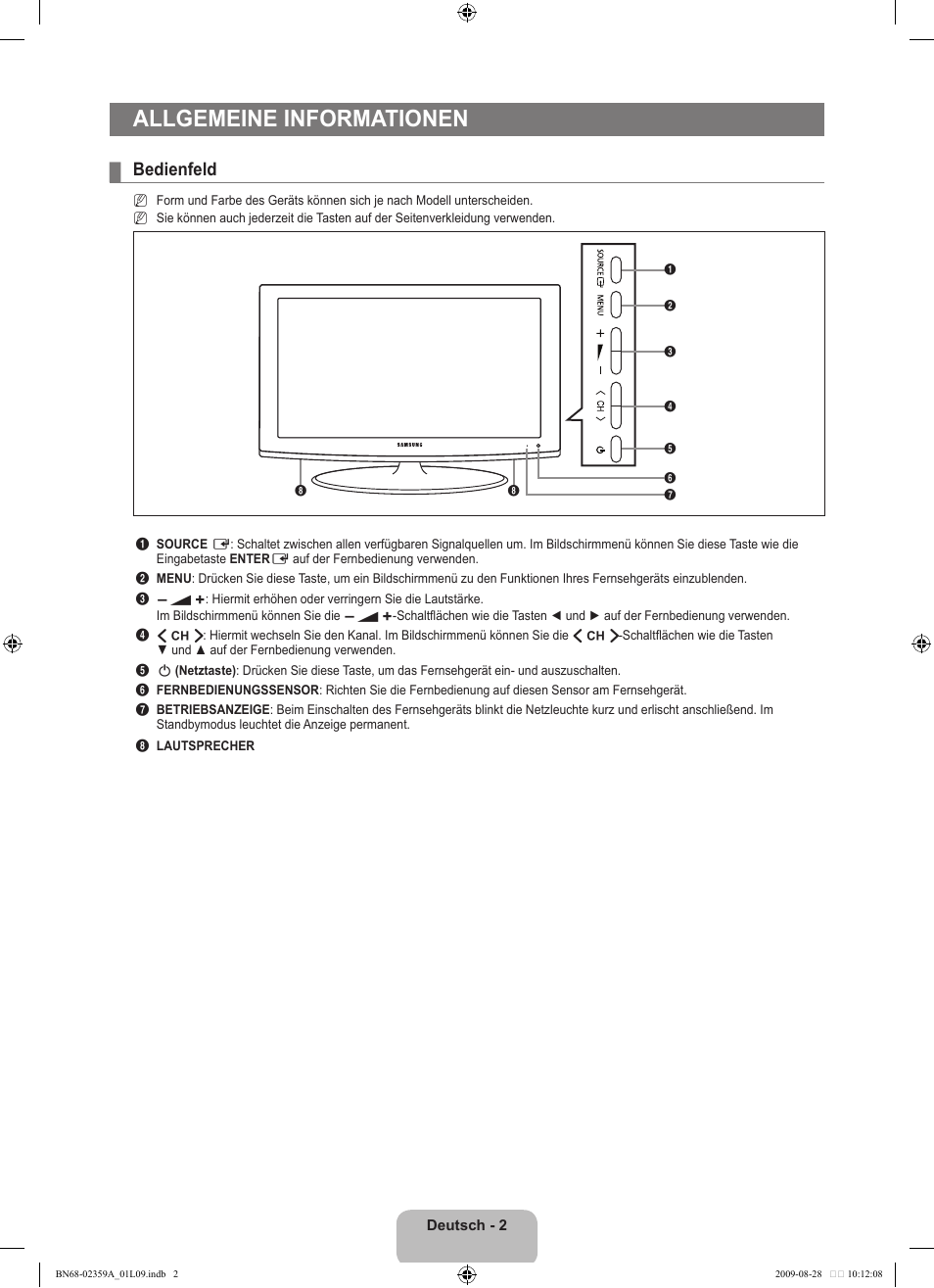 Allgemeine informationen, Bedienfeld | Samsung LE19B541C4W User Manual | Page 72 / 318