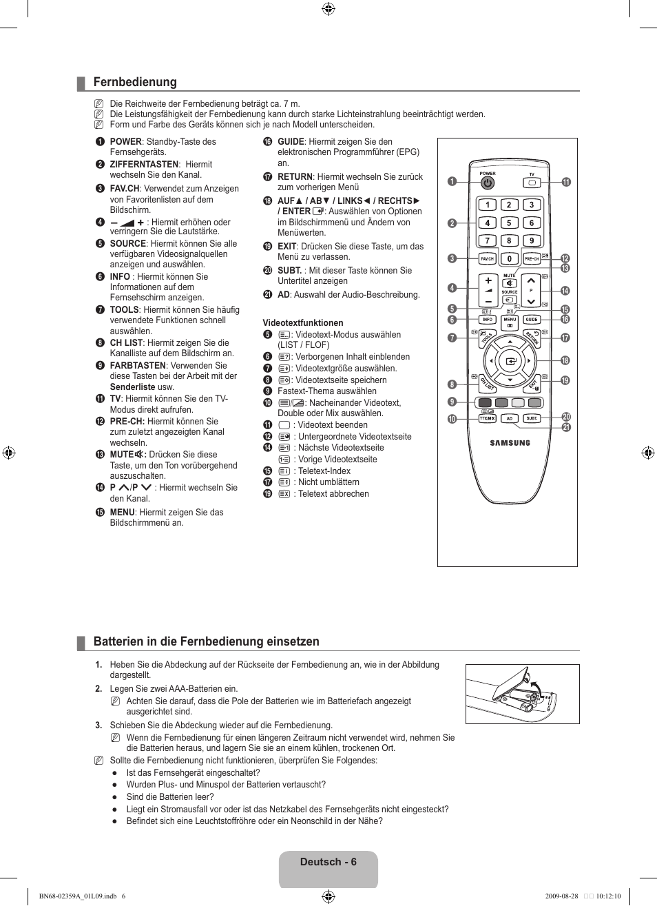 Fernbedienung, Batterien in die fernbedienung einsetzen | Samsung LE19B541C4W User Manual | Page 76 / 318