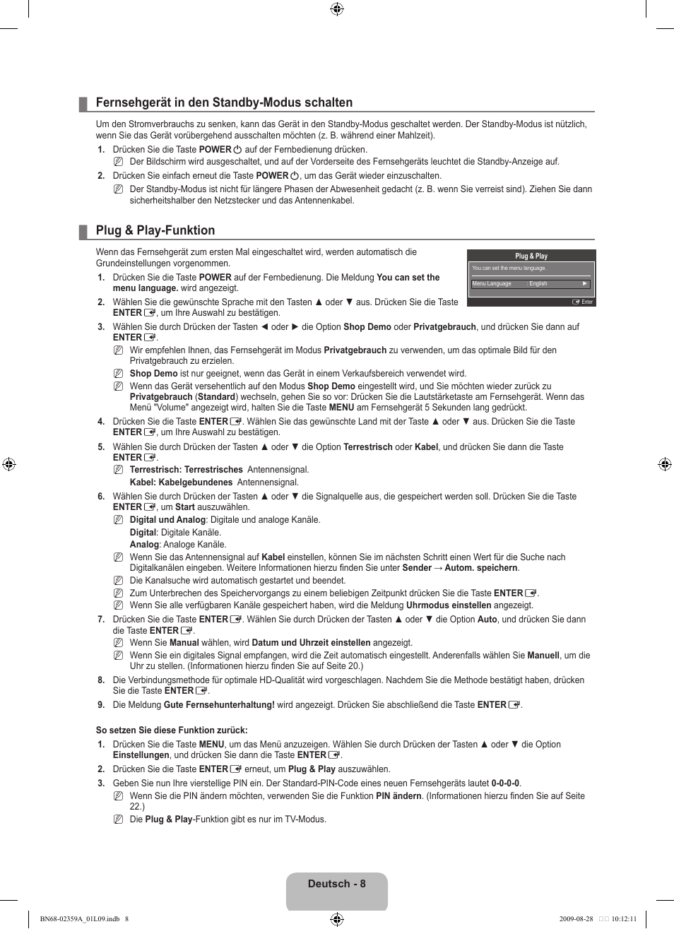 Fernsehgerät in den standby-modus schalten, Plug & play-funktion | Samsung LE19B541C4W User Manual | Page 78 / 318