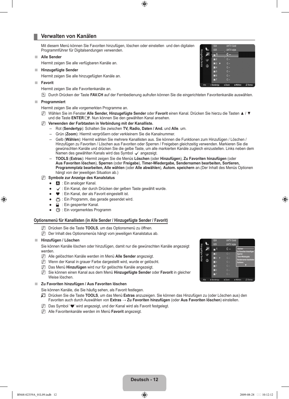 Verwalten von kanälen, Deutsch - 12 | Samsung LE19B541C4W User Manual | Page 82 / 318