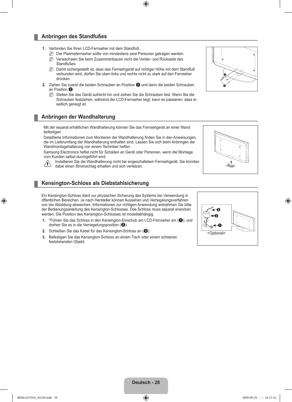 Anbringen des standfußes, Anbringen der wandhalterung, Kensington-schloss als diebstahlsicherung | Samsung LE19B541C4W User Manual | Page 98 / 318