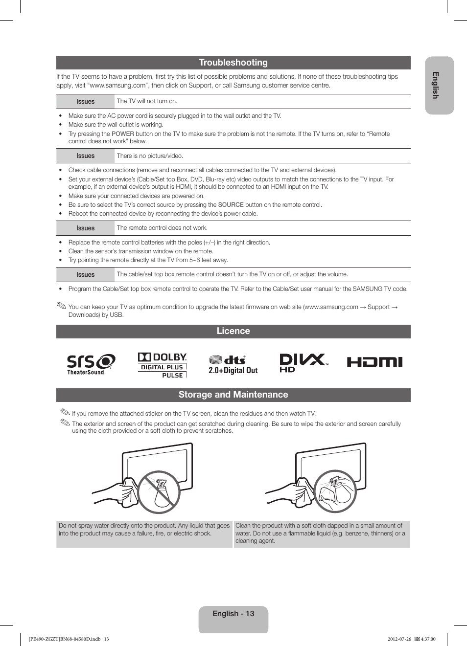 Troubleshooting, Licence storage and maintenance | Samsung PS43E490B1W User Manual | Page 13 / 59